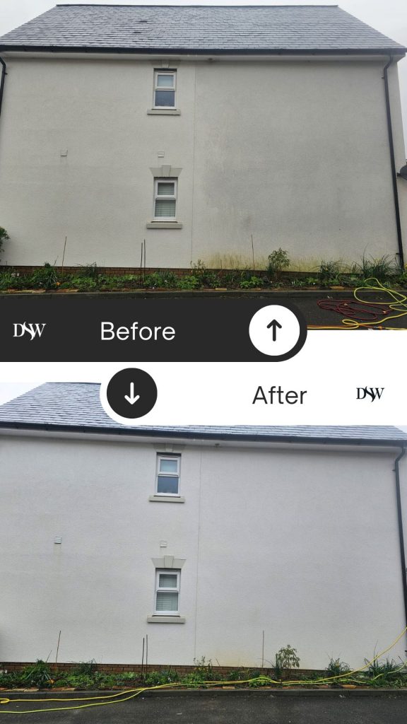 Before and after render cleaning using Softwash and DOFF steam in Horley, Surrey.