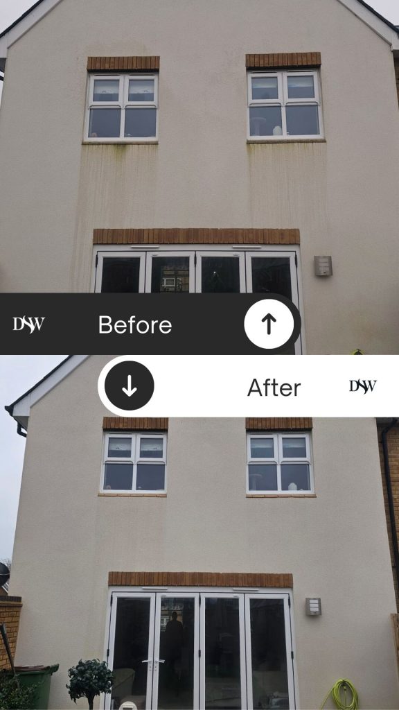 Before and after render cleaning using Softwash and DOFF steam in Horley, Surrey.