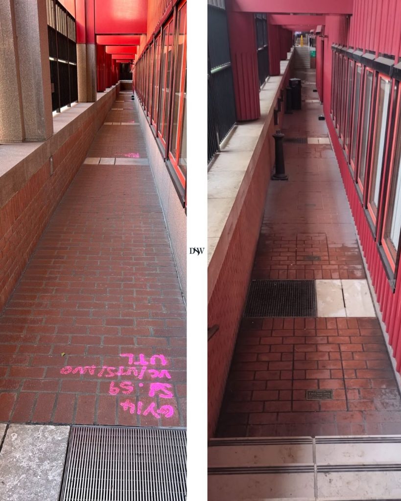 Before and after image captures the outcome of a controlled process that ensured that the spray paint was safely lifted without surface damage.