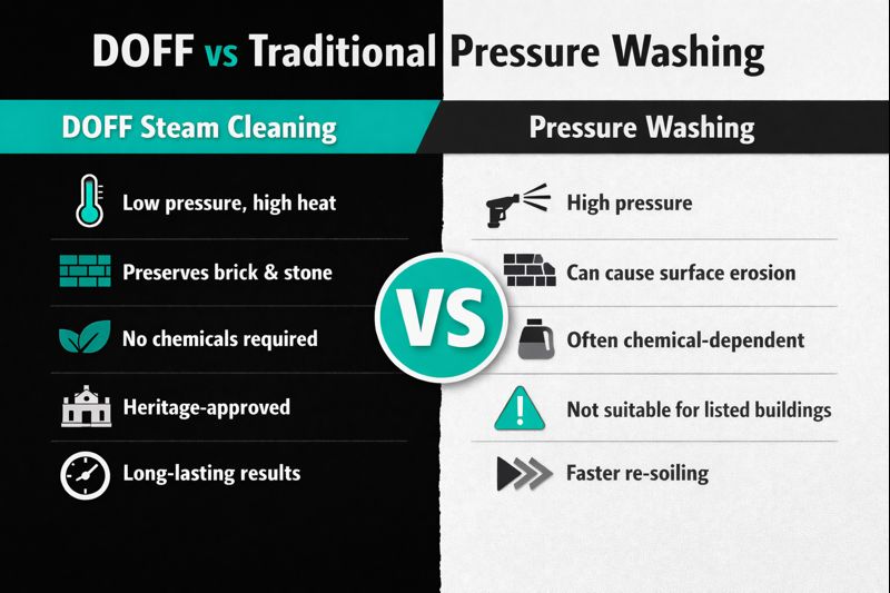 This infographic compares DOFF steam cleaning with traditional pressure washing, demonstrating why DOFF is the preferred method for brick, stone, and heritage building cleaning. It illustrates how DOFF uses low pressure and high heat to safely clean surfaces without chemicals, preserving masonry and listed buildings, while pressure washing relies on high pressure that can cause surface erosion and faster re-soiling.
