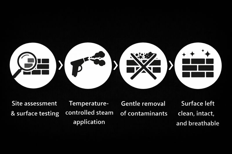 DOFF steam cleaning process showing site assessment, temperature-controlled steam application, gentle removal of contaminants, and a clean breathable surface
