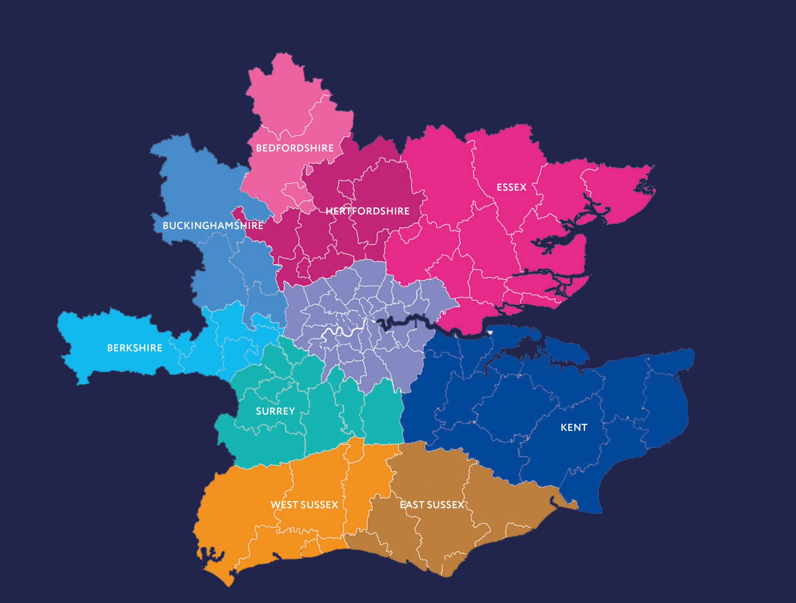 Cherry picker hire availability map covering London, the Home Counties and nearby regions