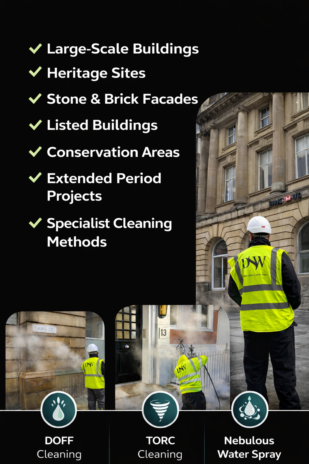 Specialist commercial facade cleaning for large-scale buildings, heritage sites and listed properties using DOFF, TORC and Nebulous Water Spray cleaning metho