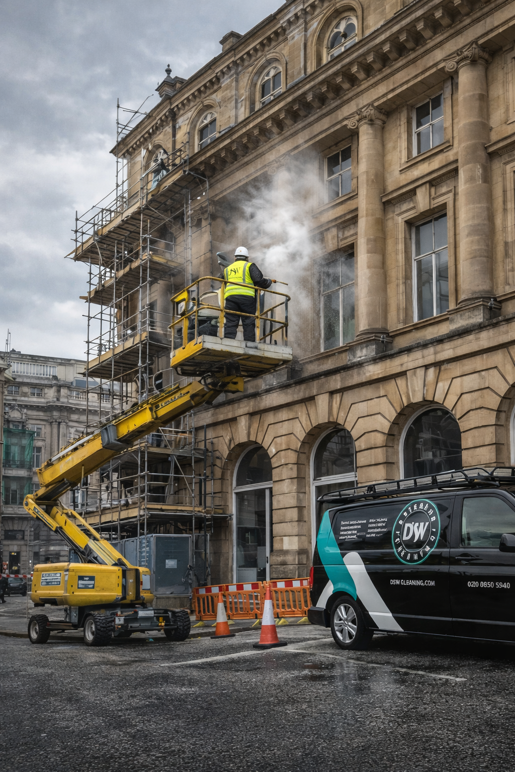 Delivering large-scale commercial facade cleaning on complex stone buildings using specialist access methods.