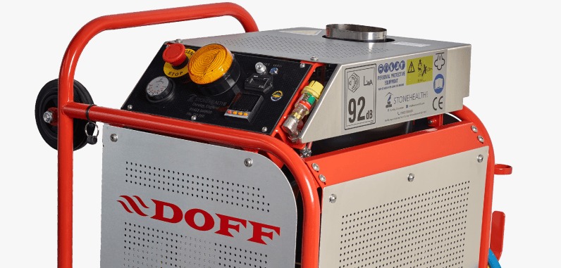 Close-up angled view of DOFF steam cleaning machine with control panel and safety light