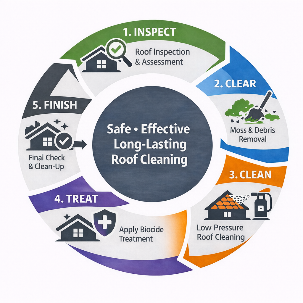 Professional roof cleaning process diagram including roof inspection, moss and debris removal, soft wash or DOFF steam cleaning, biocide treatment and final check