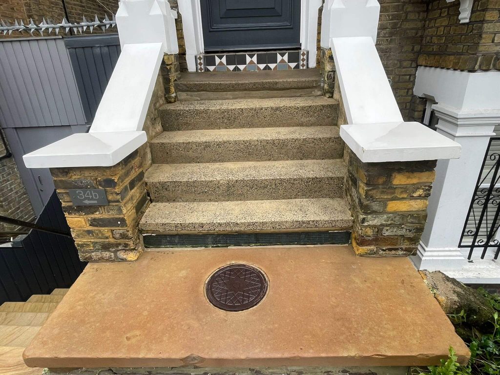 Clean external stone staircase and front entrance of North London property after professional cleaning