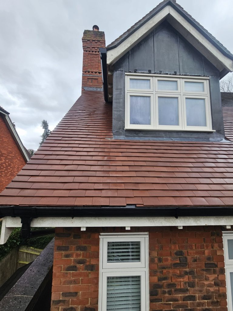 Roof tiles fully cleaned after professional steam roof cleaning in Surrey.